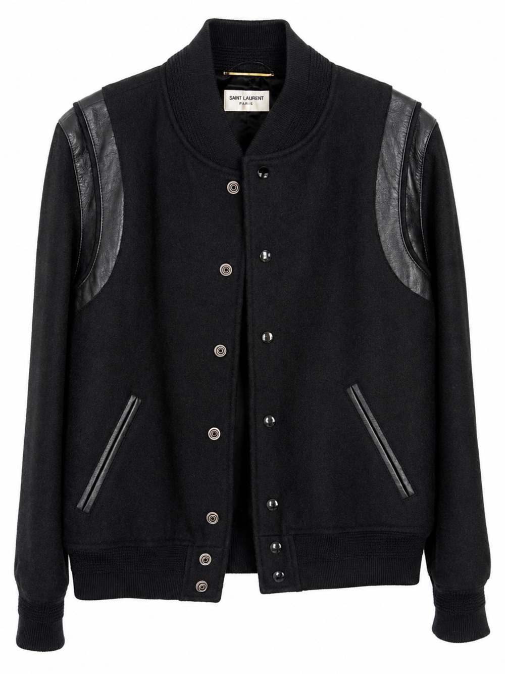Saint Laurent Black Wool Bomber Jacket with Leather Accents